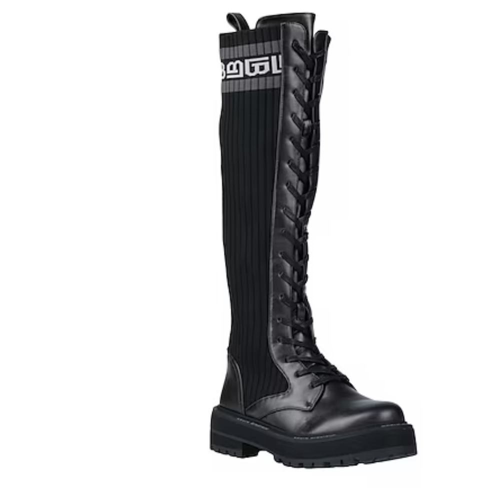 Laura Biagiotti Black Calf Ribbed Knit Lace Up Combat Boots Size 40